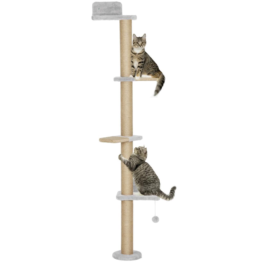 Wall Mounted Cat Shelves, Cat Climbing Wall with 4 Climbing Platforms, Jute Scratching Post and Toy Ball,180cm Tall, Light Grey