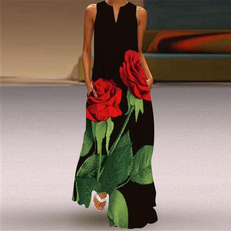 2025 New Arrival Dress Spring and Summer Thin Plus Size Women's Clothing 3D Print Fashion V Neck Pocket Large Swing Dress