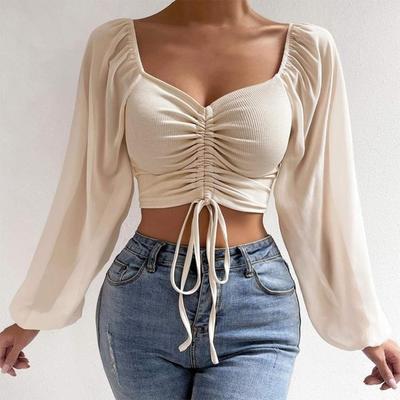 Frauen Tops Puff Sleeve Sexy Eng Anliegende Kordelzug V-ausschnitt Heiße T-shirts