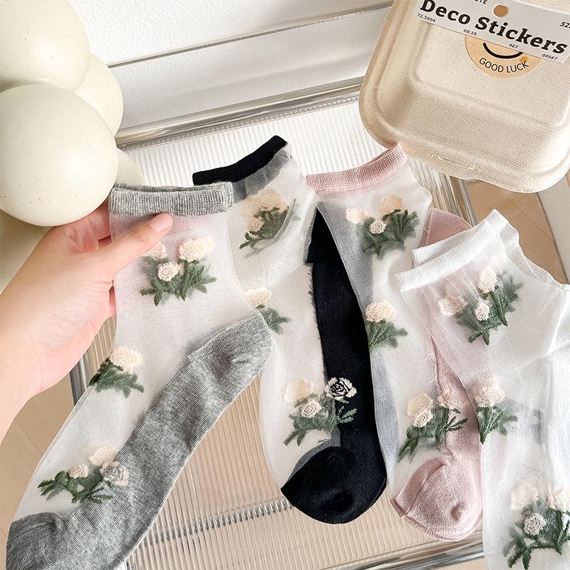 Women's Summer Silk Floral Mid-Calf Socks - Breathable, Sweat-Absorbing Cotton Bottom