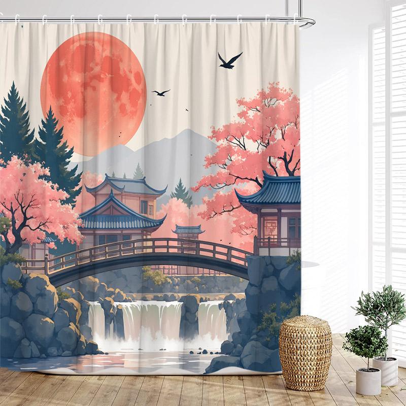 Havsvågor Bläckfisk Duschdraperier Sol Röd Floral Paviljong Japansk Stil Landskap Polyestertyg Hem Badrum Draperi Dekor