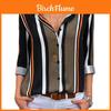 Elegante T-shirt a righe floreali da donna per l'autunno, con bottoni, scollo a V, maniche lunghe, camicetta casual