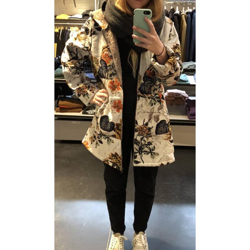 2025 European and American women's long-sleeved zipper hooded thickened composite cotton-padded coat printed medium and long cotton-padded coat
