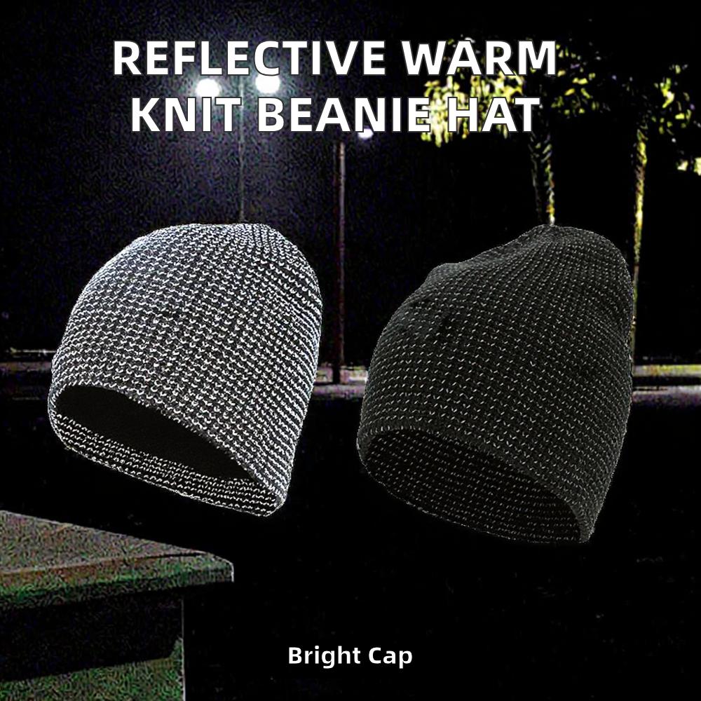 High Visibility Winter Running Cap Cuffless Reflective Beanie Knitted Hat Outdoor Beach Night Slouchy Digital Printed Image 100%