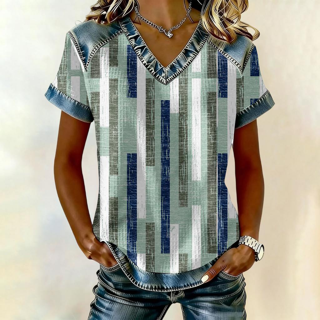 Women's Fashionable Casual Striped Checkered Printed Blouse