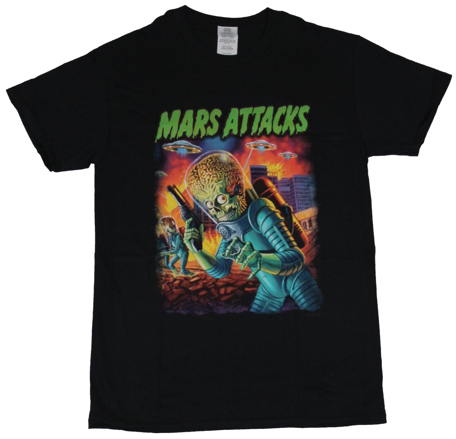 Mars Attacks Movie Mens T-Shirt - Attacking Alien with a Saucer Filled Sky XXXXL