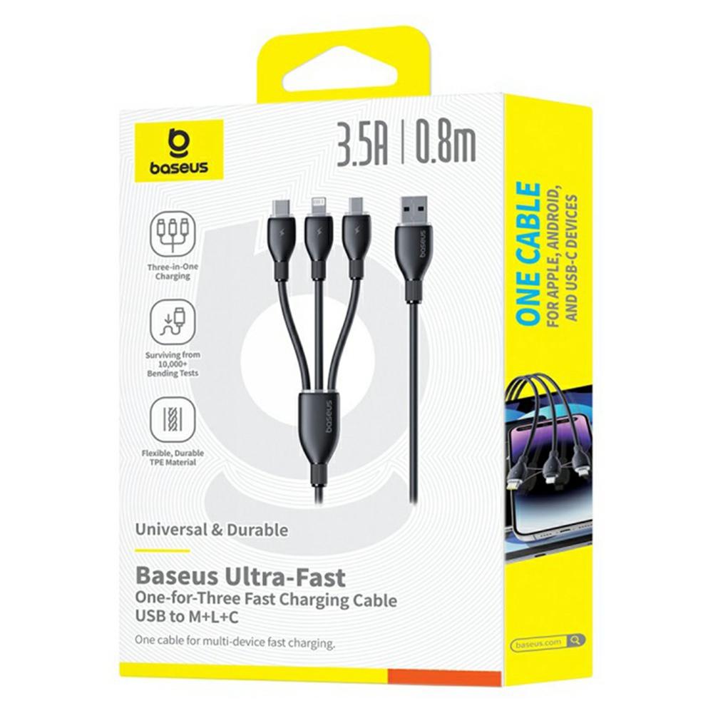 Cablu de Încărcare Rapidă BASEUS Ultra-Rapid Unul-Pentru-Trei USB la Micro USB+Lightning+USB-C 3.5A 0.8m