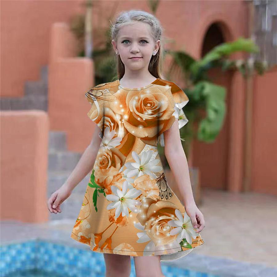 Girls Pink Rose Print Dresses Kids Girl Party Dress Loose Fitting Loose Fitting Short Sleeved Skirt For Girls Over Four Years Old