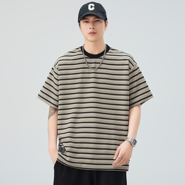 Striped T-shirt Mens Short-sleeved Summer Latest Round Neck Relaxed Fit Five-point Sleeve T-shirt Japanese Classic Style