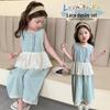 Girls' Summer Patchwork Lace Denim Two-Piece: Sleeveless Top & Wide-Leg Pants (2026)