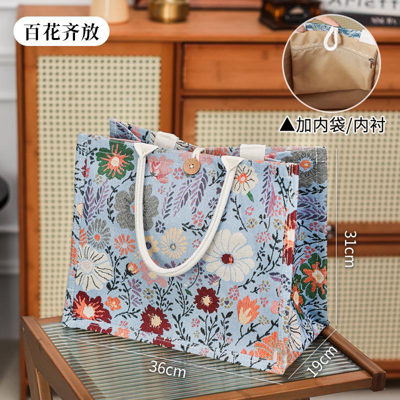 Jacquard Embroidery Coated Canvas Tote Bag Waterproof Monet Garden Tote Bag Large Capacity Oxford Cloth Lined Inner Bag