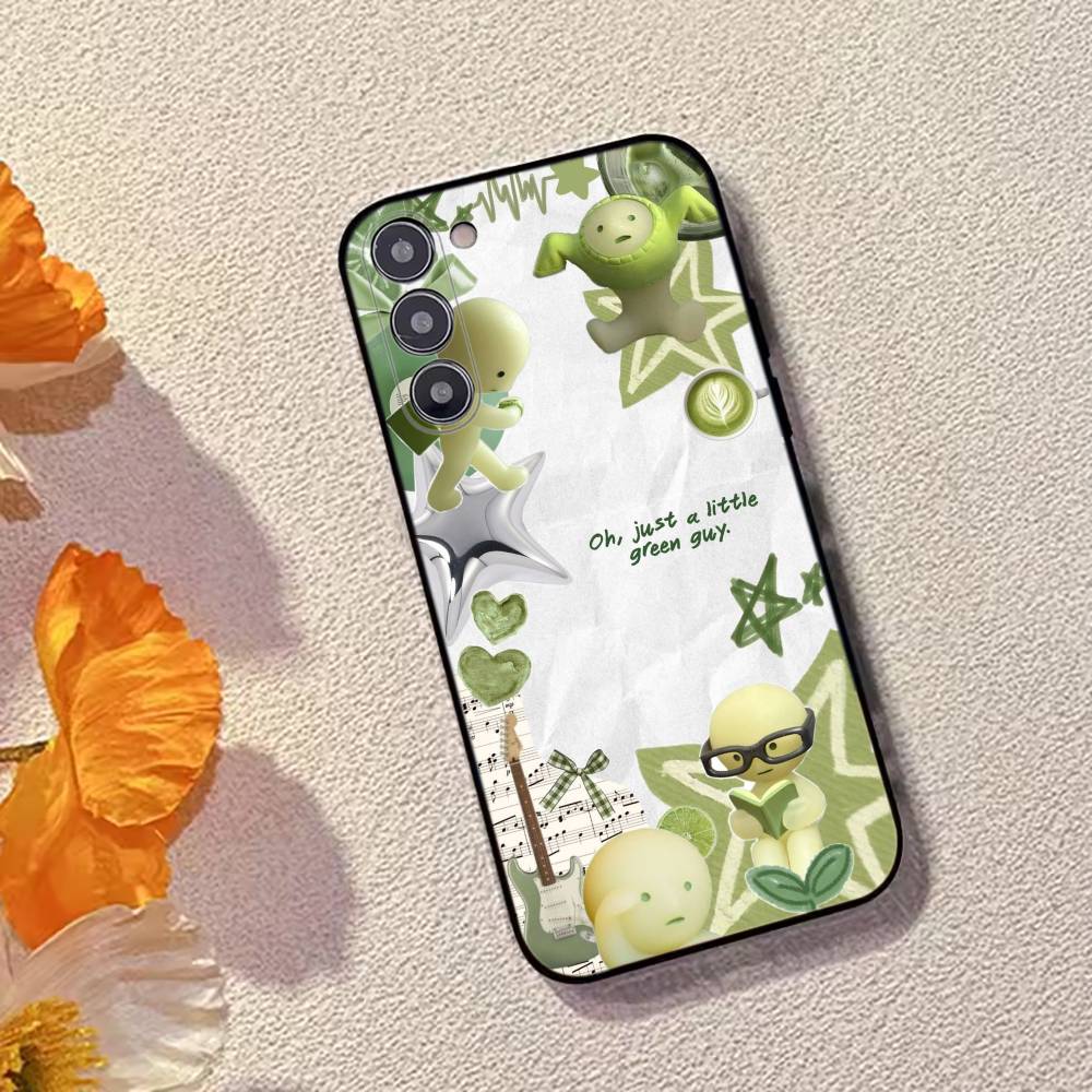 Cute S-Smiski Green Guy Phone Case For Samsung Galaxy A73,A72,A71,A70,A53,A52,A51,Soft Silicone Black Cover