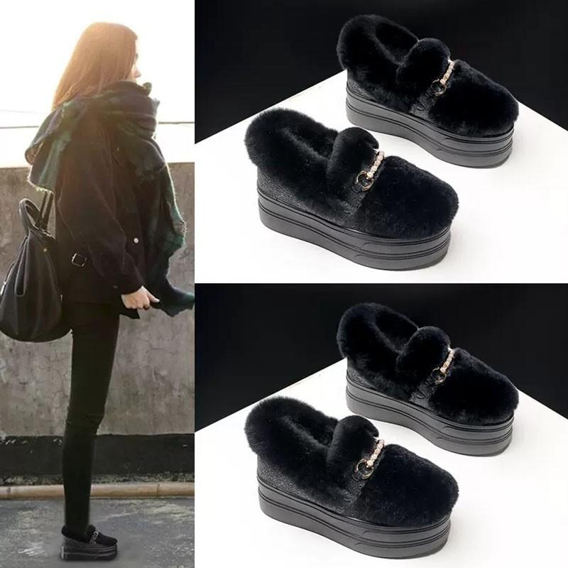 

Обувь Мао Мао женская новая зимняя на толстой подошве-маффин, меховая, цельная, с небольшим внутренним увеличением высоты, бархатные хлопковые туфли 39 чёрный