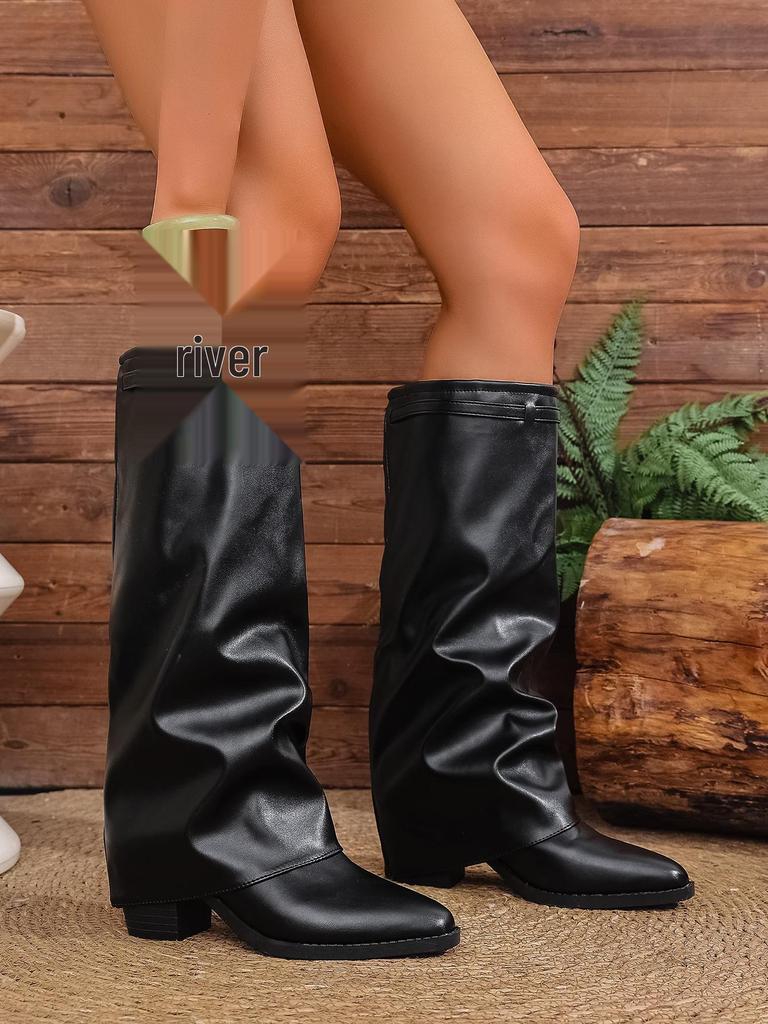 2025 Autumn British Style Ruched Knee-High Chunky Heel Fashion Boots for Women In Plus Sizes