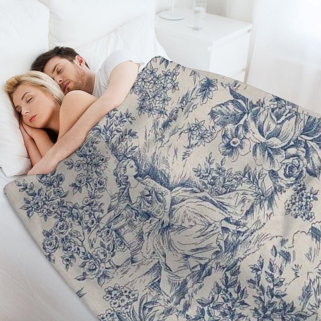 Blue Toile De Jouy Throw Blanket Sofa Bed Wednesday Blankets Ands Bed Linens Blankets
