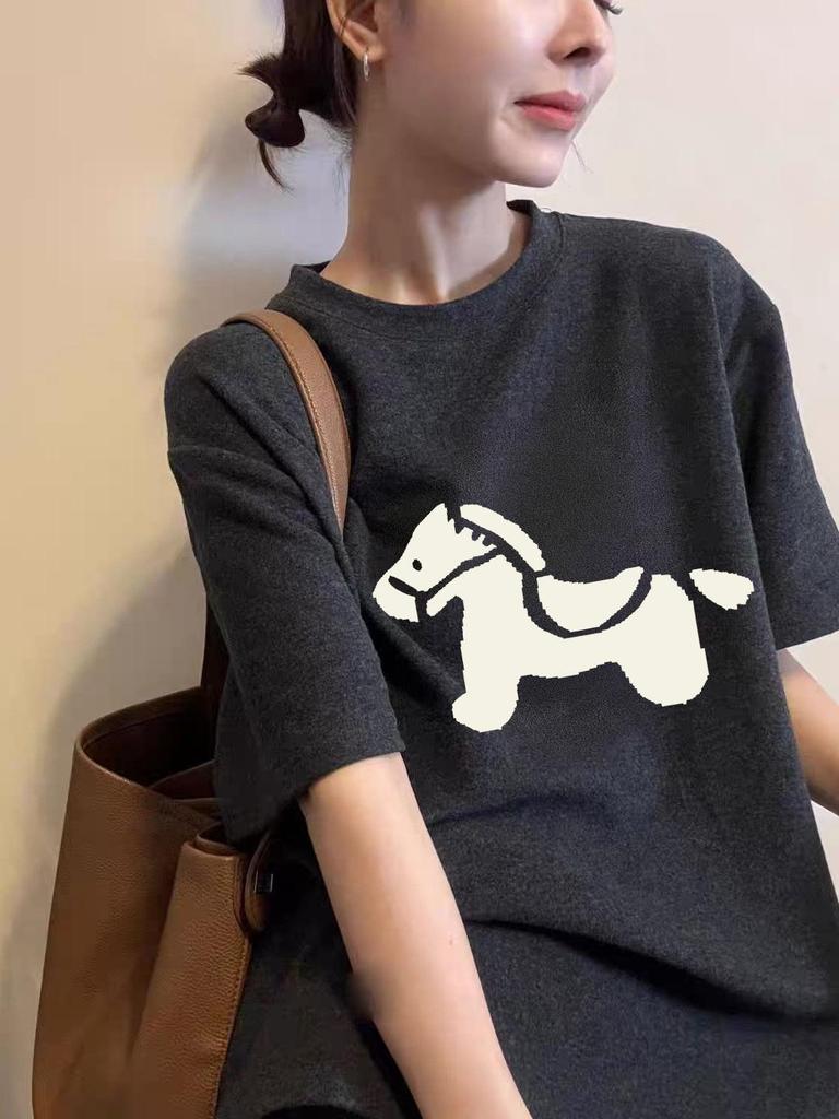 Korean Style Retro Short Sleeve T-Shirt with Small Horse Print, Round Neck Trendy Women's Top 2026.