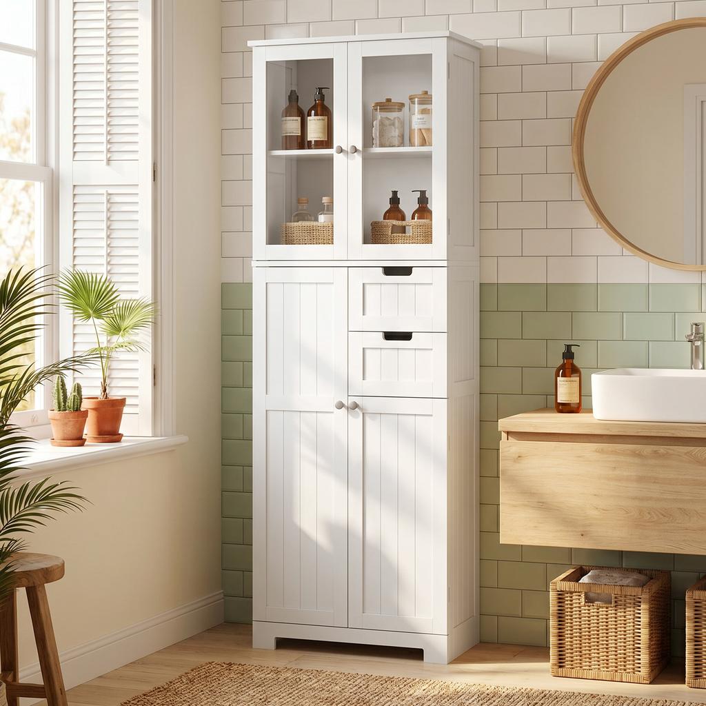 Tall bathroom cabinet 4 Doors 2 Drawers 60x30x170cm White