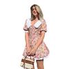 Doll collar printed short-sleeved dress European and American summer bubble sleeve single-breasted mini dress women