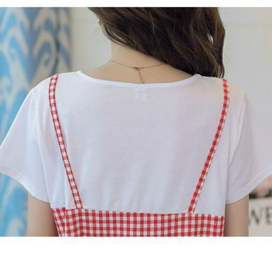 Plus Size Korean Plaid Maternity Dress - Short Sleeve, Loose Fit, Round Neck, Two-Piece Look
