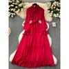 Long Sleeves Dress Spring Women's 2024 New Arrival French Elegant Retro Bows Shoelace Waist-Controlled Large Hem Chiffon Dress
