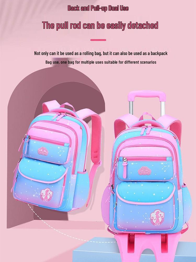 Bunter Gradienten-Trolley-Rucksack für Mädchen, 3.-6. Klasse, Tragbar oder Ziehbar umwandelbar, Großes Fassungsvermögen mit Doppelgurten