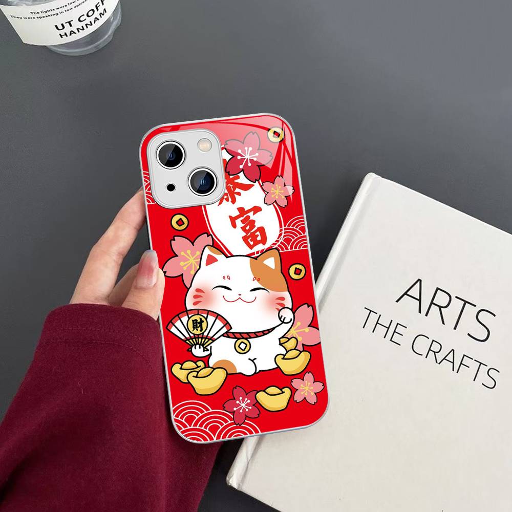 Maneki Neko Lucky Money Cat Tempered Glass For Iphone 14 13 12 11 Pro Mini XS MAX 14Plus X XS XR Cover