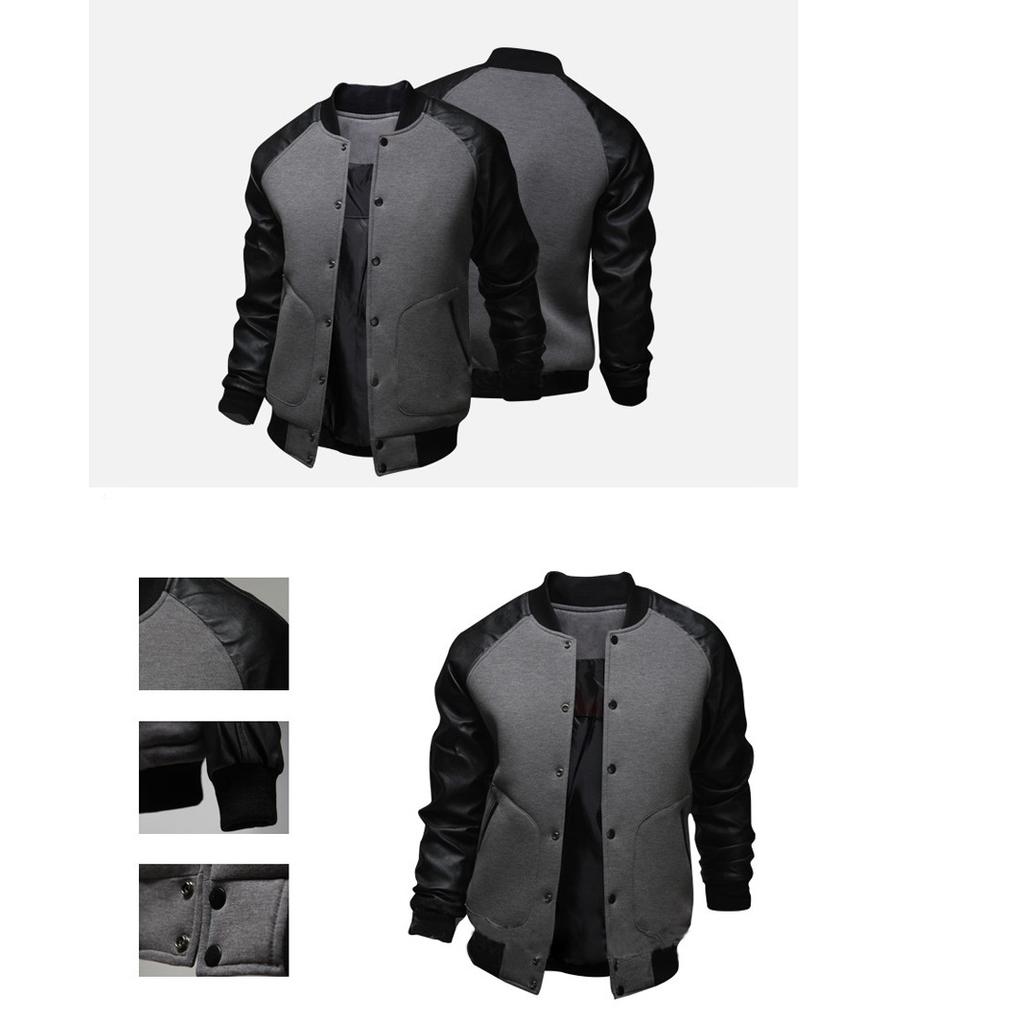 Men's Baseball Jacket Big Pocket Leather Sleeve Slim Design Coats