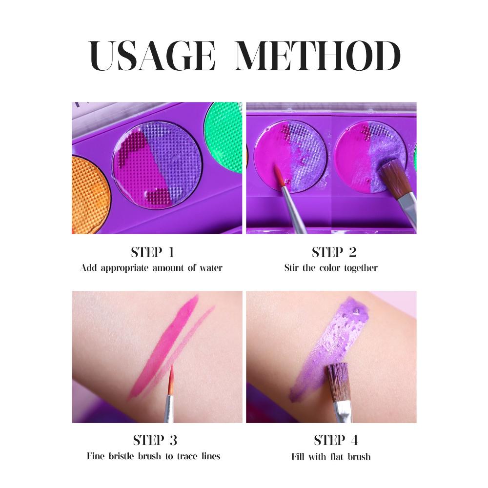 HANDAIYAN Face and Body Paint Palette UV Glow Water-Activated Split Cake Makeup Kit with Brushes for Halloween Festival Stage Cosplay Party