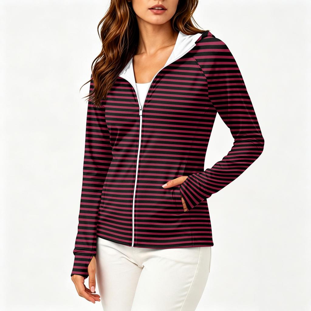 Women's Fashion Zip Up Hoodie Lightweight Long Sleeve Hooded Jacket with Pockets and Printed Design for Sun Protection