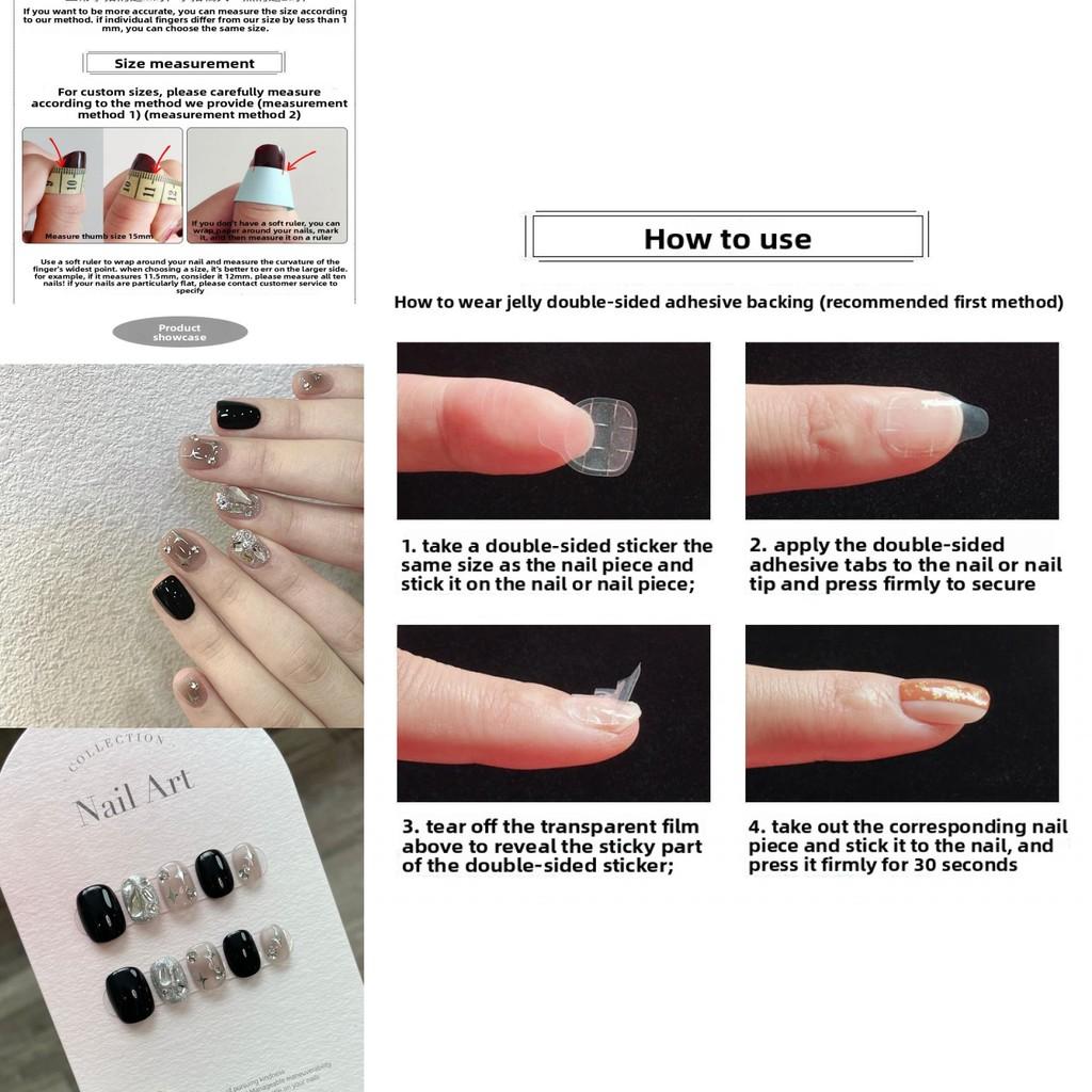 Short Fake Nail Stickers With Black Glitter Water Diamoans And Star Motifs For Student And Casual Use