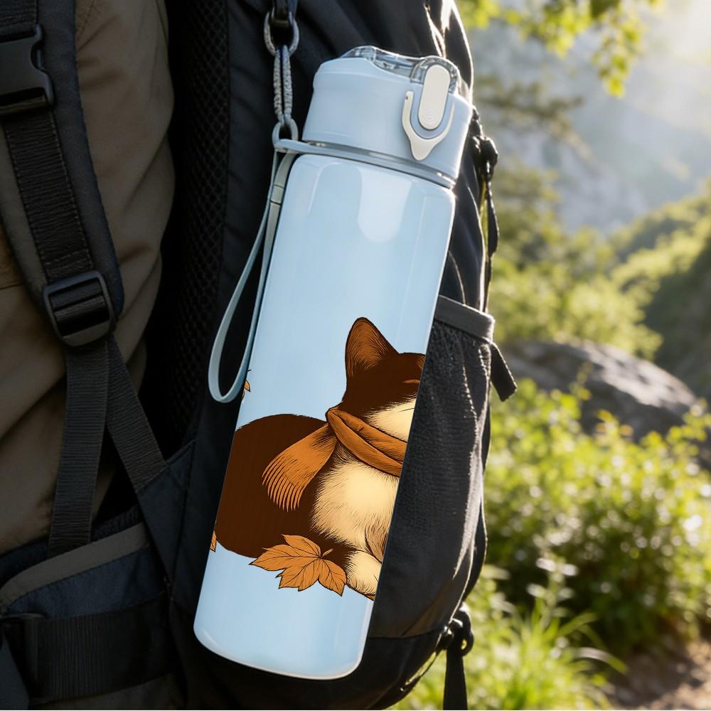 1PC Autumn Cat With Pumpkin 750ml Color Plastic Sports Water Bottle Leakproof Flip Straw Lid Suitable for Sports Office Home Use