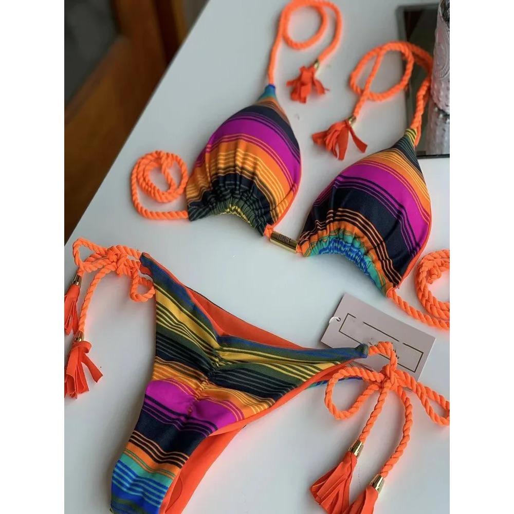 

New Ladies Sexy Printed Rope Bikini Split Swimsuit S