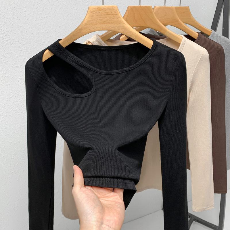 Single Piece Thread Base Shirt for Women New Women's Solid Color Round Neck Long Sleeve T-shirt with Sexy Hollow Shoulder Top