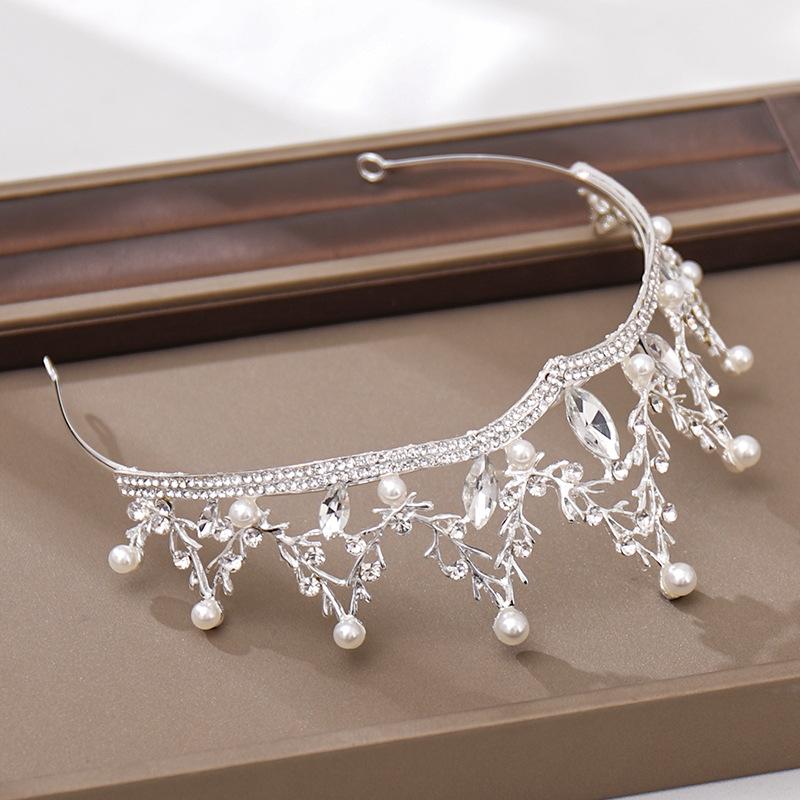 Silver Color Crystal Pearl Crown Tiara Headband for Women Rhinestone Prom Diadem Bridal Wedding Hair Accessories Jewelry Crown