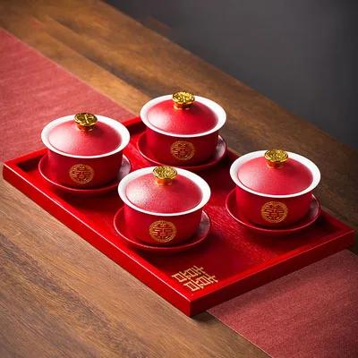 Chinese Style Double Happiness Porcelain Tea Set, Teapot and Cups, Gaiwan with Saucer, Ceremony Set Gifts, Wedding Celebration