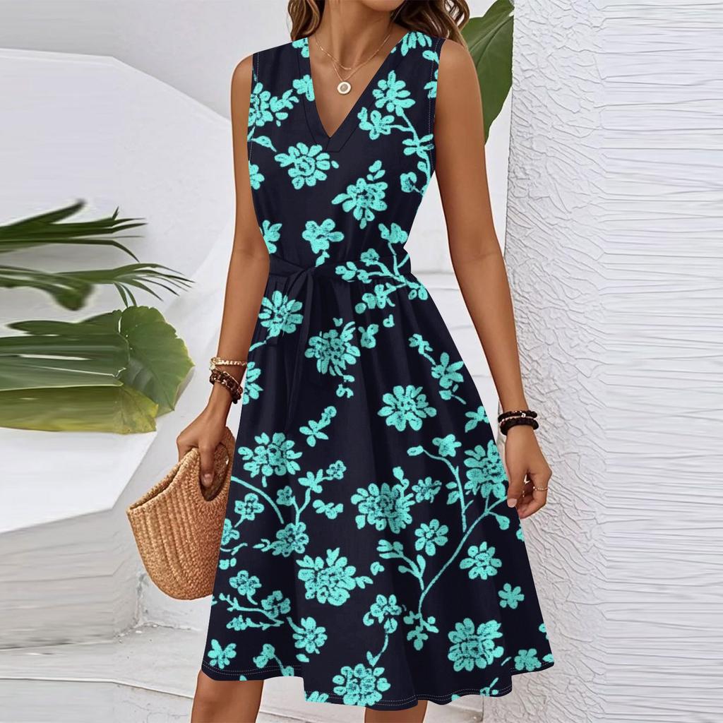 Women's Spring Summer Casual V Neck Sleeveless Waist Floral Print Midi Dress