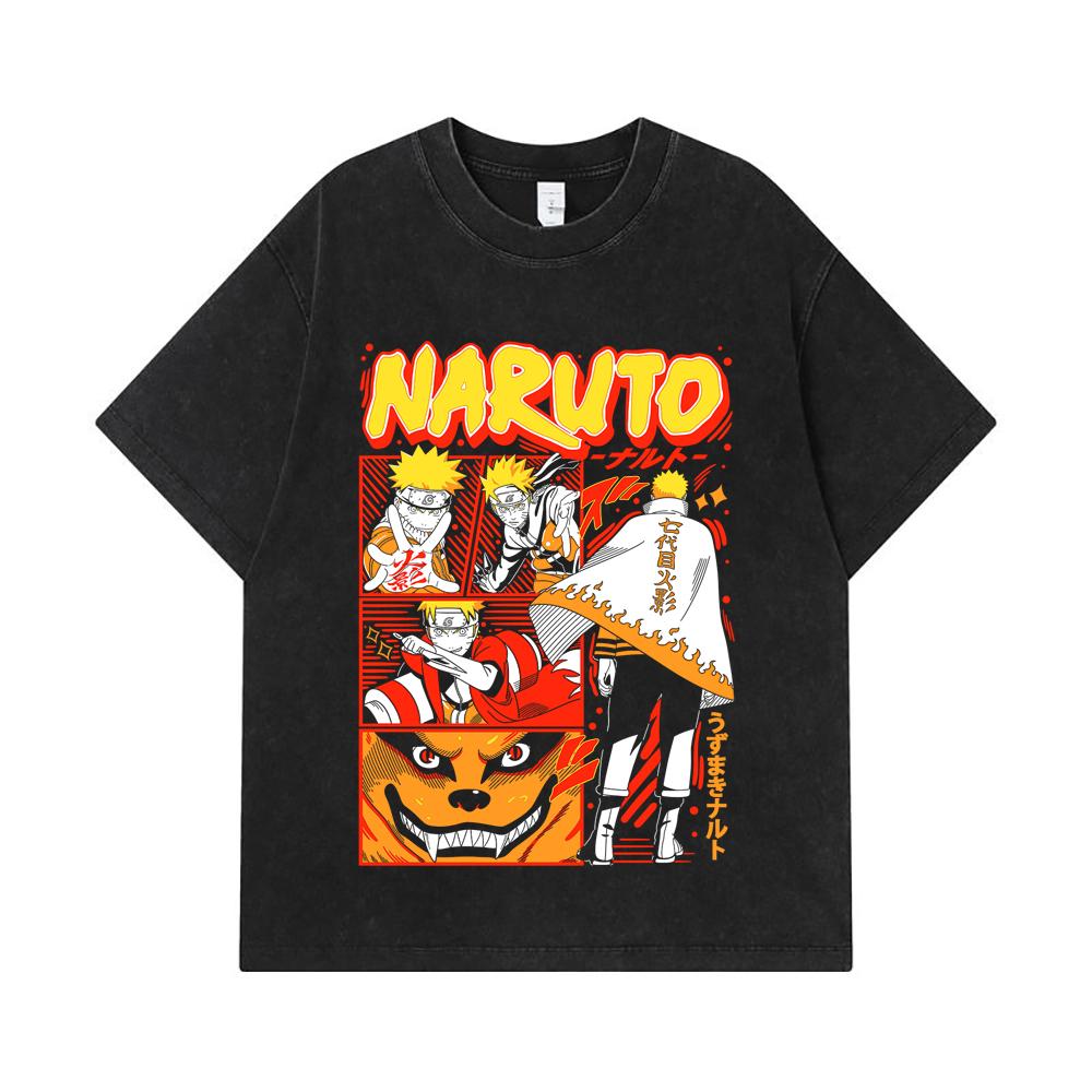 275 GSM Washed T-shirts 100% Cotton Naruto V2 Hokage Print Unisex Heavy Cotton T Shirt S чёрный