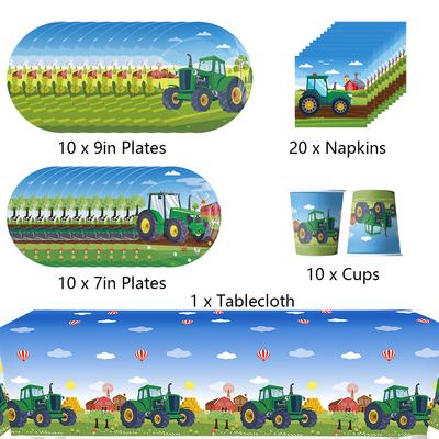 New 51PCS Farm Tractor Party Tableware Included Plates, Cups, Napkins, a Tablecloth