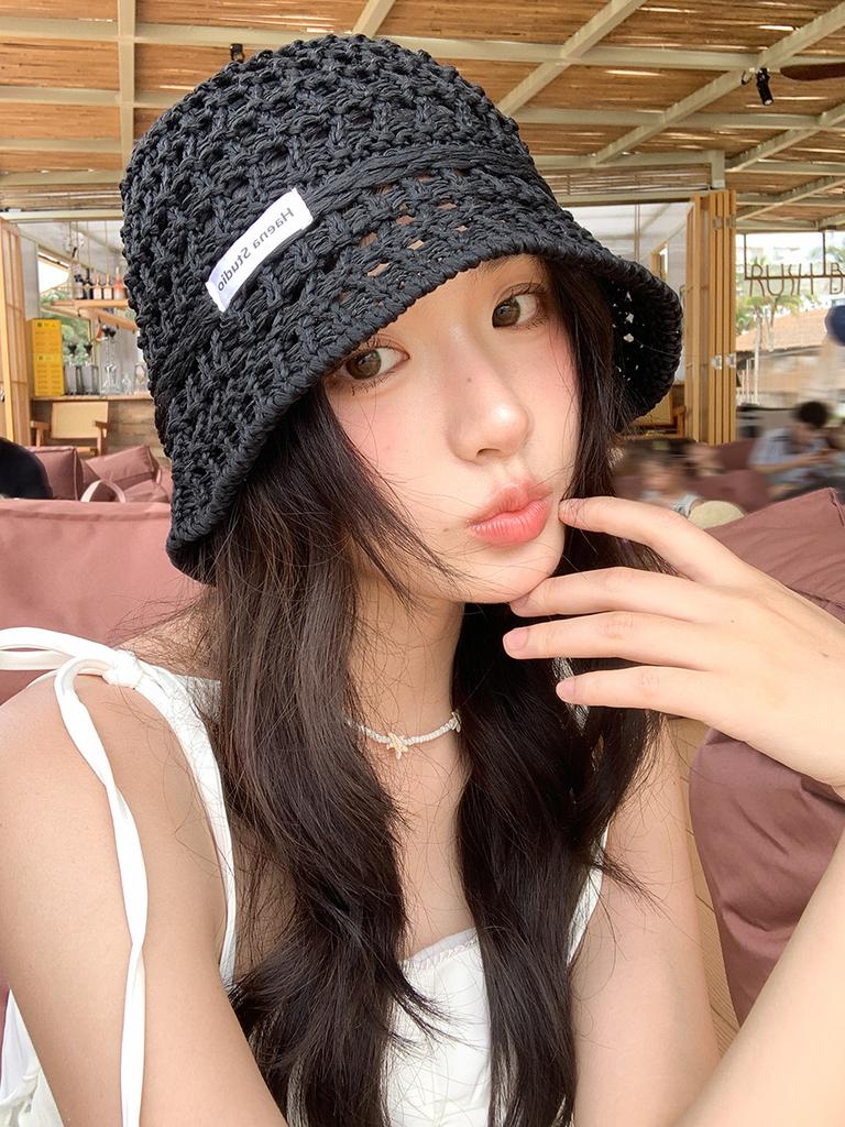 Hollow straw hat women's summer bucket hat sunshade sunscreen hat straw woven basin hat show face small bucket hat
