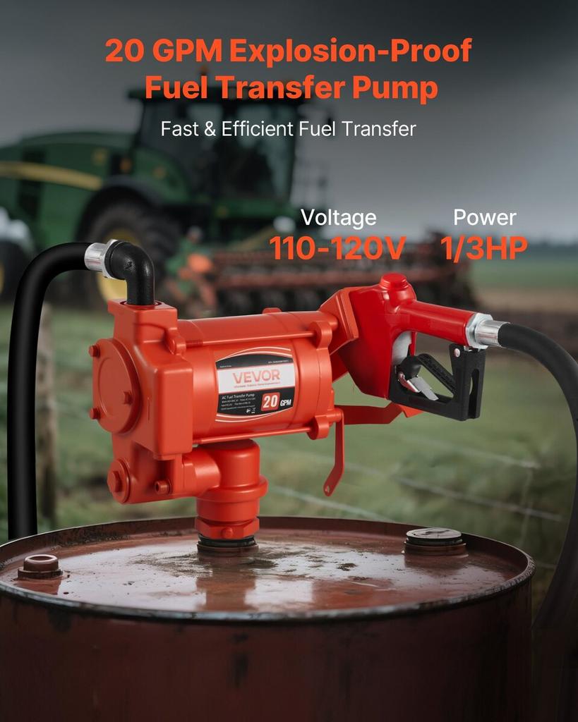 Fuel Transfer Pump 230V, 20 GPM 76 L/min, AC Electric Oil Transfer Pump, with Auto Shut-Off Fuel Nozzle & Discharge Hose, High Flow Kit for Gasoline,