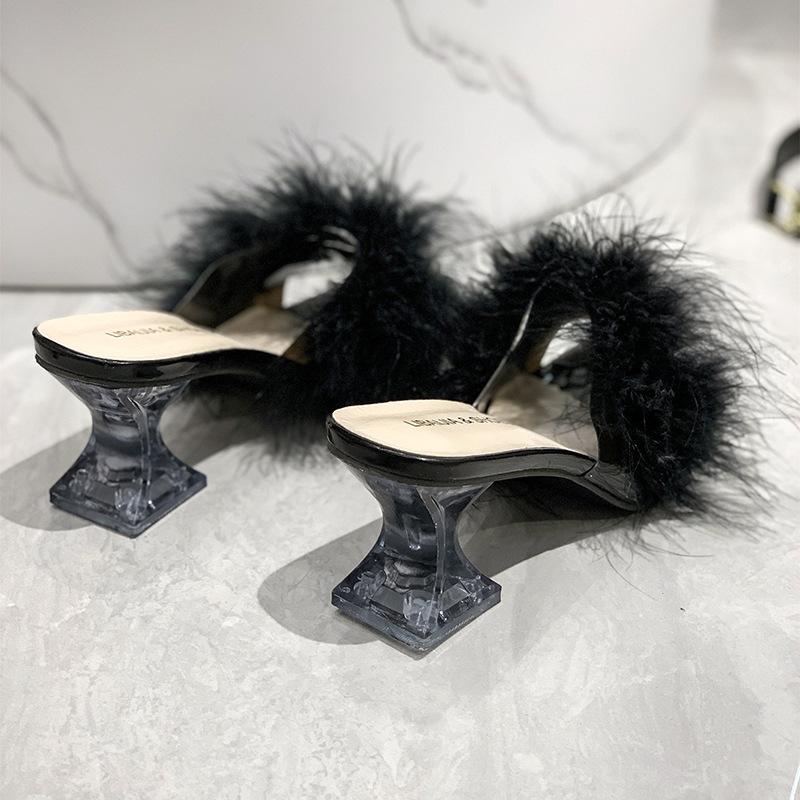 2025 Summer Large Size Foreign Trade Women's Shoes Casual Style Solid Color Square Head Fluffy Upper Wine Glass Root Slippers Women