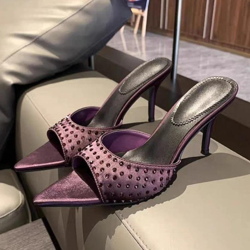 Fashion Pointed Toe High Heels Slippers Women Heeled Sandals Crystal Shoes Sexy 2025 Fashion Summer Open Toe Dress Pumps Party Slides