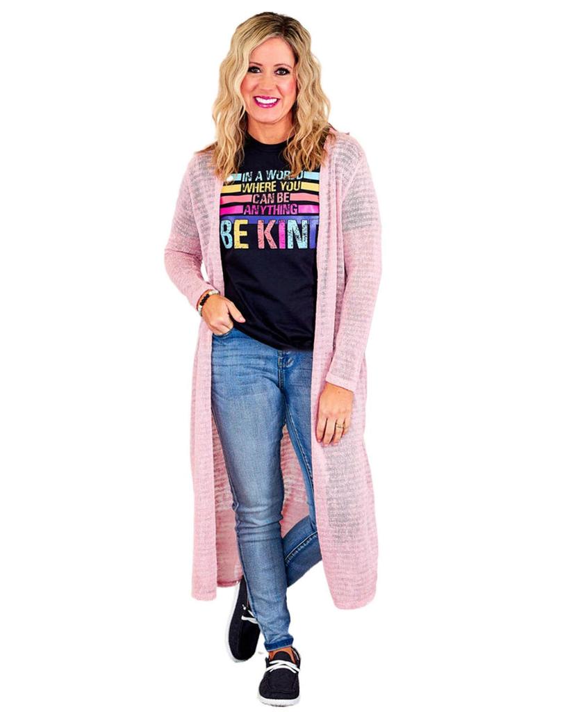 Azura Exchange Pink Sheer Knitted Long Side Slit Plus Size Cardigan