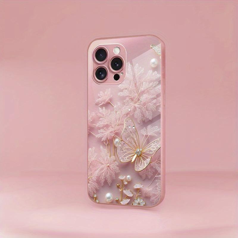 Luxus Pinkes Schmetterlingsmuster Rosa Metallic Lack Glas Handyhülle Für iPhone 17Air 11 12 13 14 15 16 17 Pro Max Plus 16E Hülle