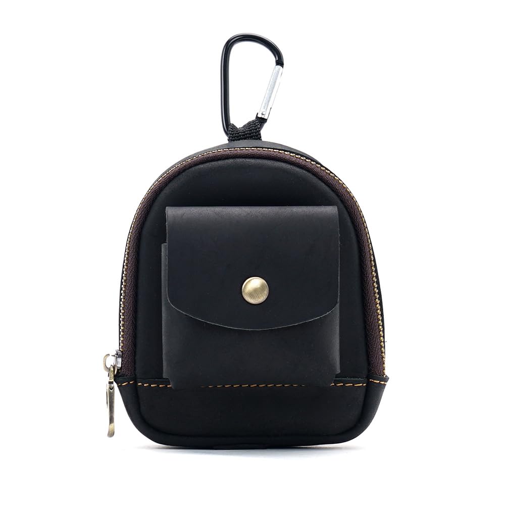 Whatna Natural Thick Cowhide Leather Coin Purse Coin Case Mini Sacoche Carabiner Pouch Belt Loop Mini Waist Bag Pouch Genuine Leather Earphone Storage