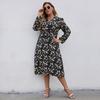 Women Chic A Line Dress High Waist Slim Fit V Neck Long Sleeve Printed Lace Up New Autumn Winter XL 5XL