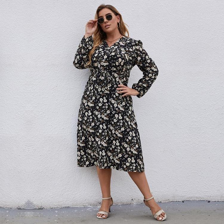 Women Chic A Line Dress High Waist Slim Fit V Neck Long Sleeve Printed Lace Up New Autumn Winter XL 5XL