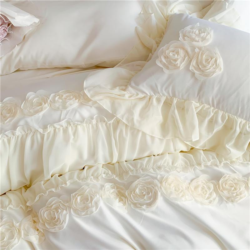 4Pcs Korean Princess Style Flowers Lace Ruffles Bedding Set Queen King Duvet Cover Bed Skirt/Bed Sheet/Fitted Sheet Pillowcase