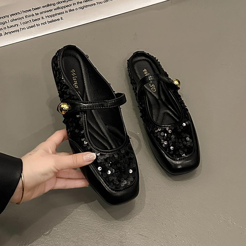 

Туфли-мюли с крупным каблуком, серебристые с пайетками, женская обувь 2025, новая летняя обувь мюли Мэри Джейн наполовину 40 is one size smaller чёрный