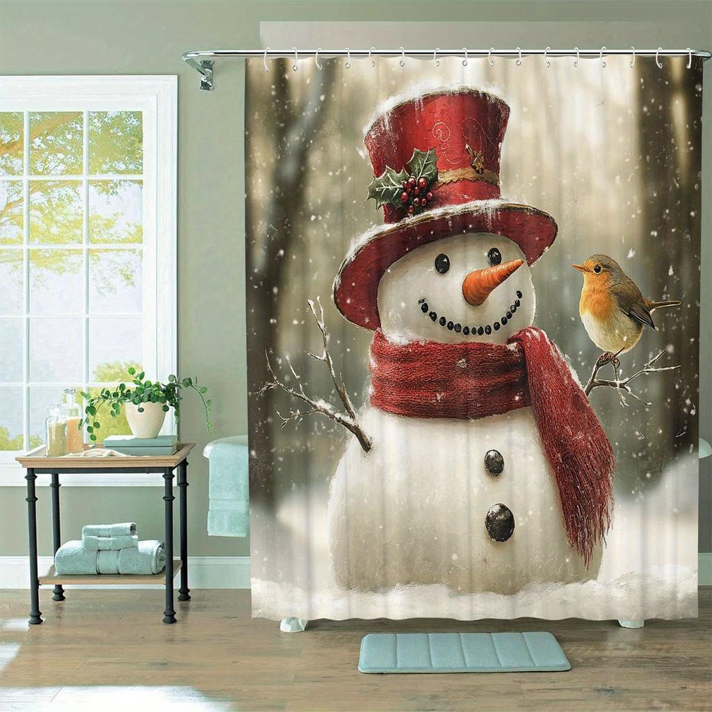 Water-Resistant Snowman And Bird Themed Shower Curtain With 12 Hooks, Machine Washable Non-Woven Graphic Art Bath Decor